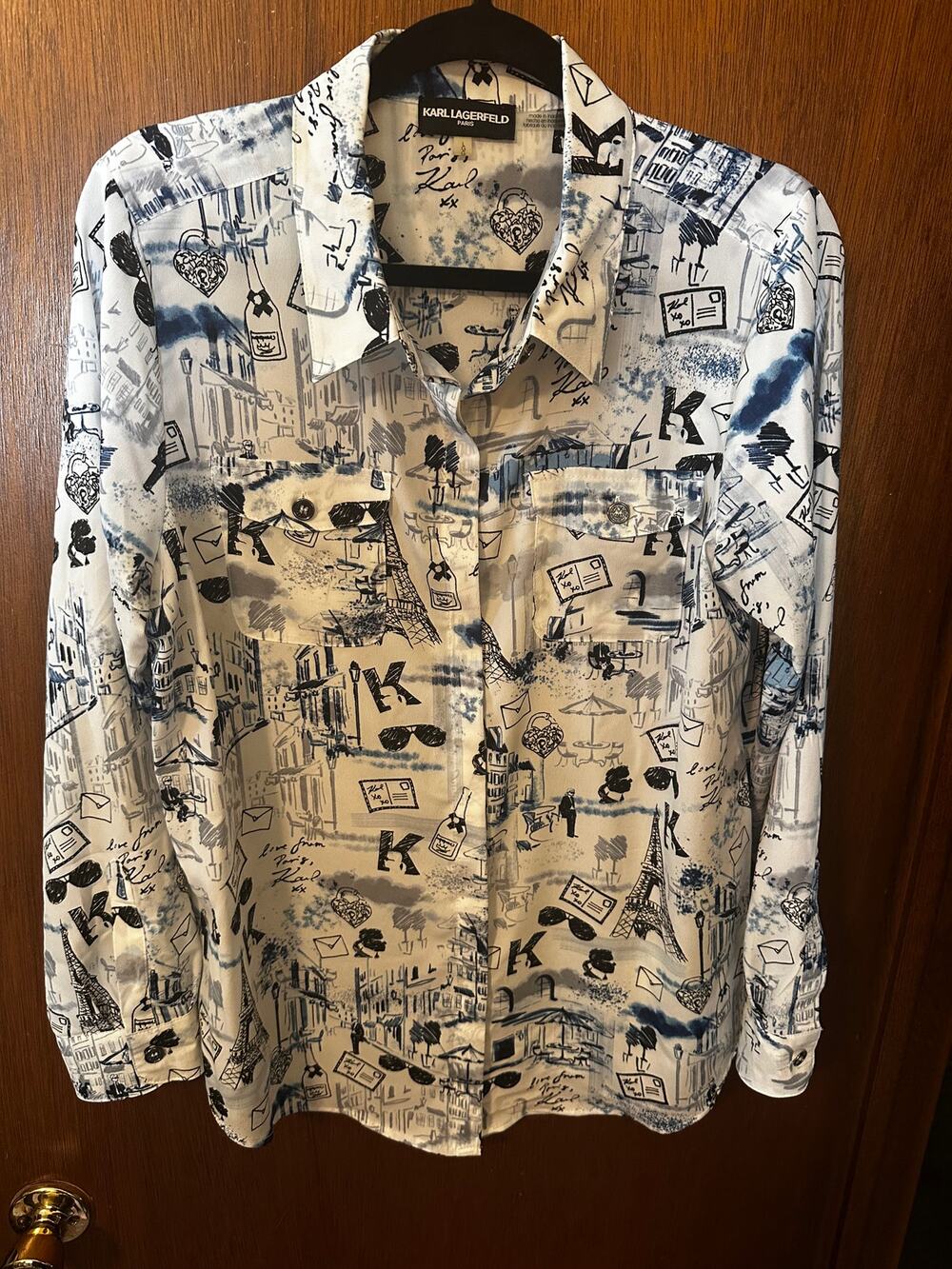 NWOT KARL LAGERFELD PARIS WHIMISCAL CITYSCAPE BLOUSE; SIZE L